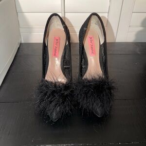 Betsey Johnson Black Feather Embellished Heels